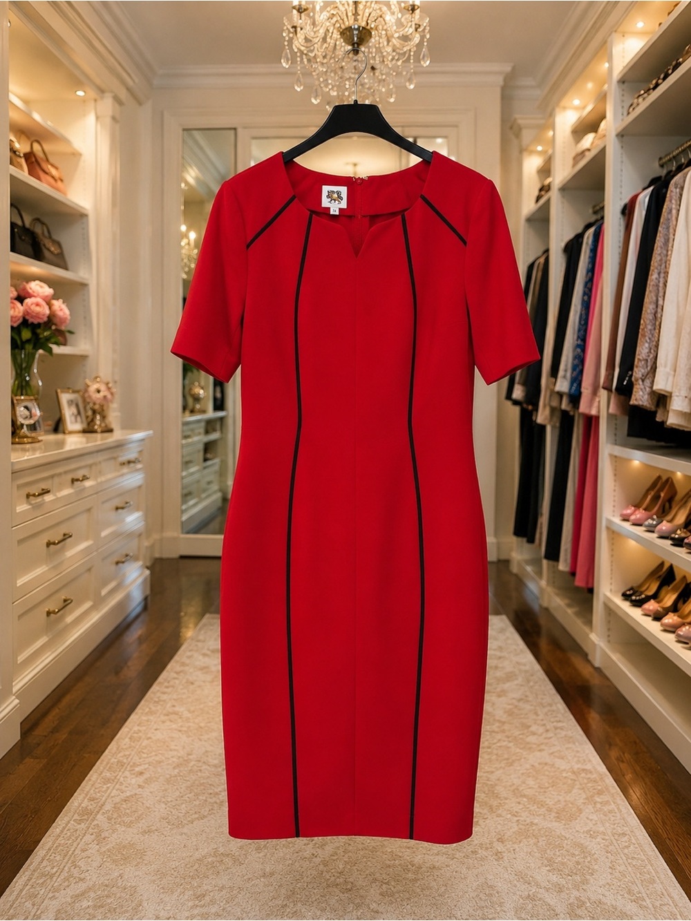 Like new SFH SZ 14 Stunning Anne Klein Red Sheath Dress with Black Piping